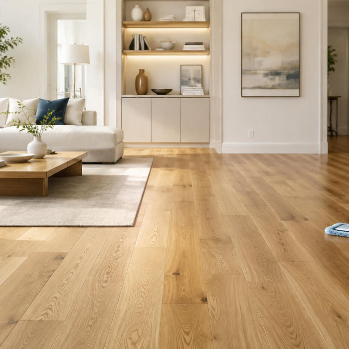 Clean modern living room with hardwood flooring, microfiber mop, and floor care essentials
