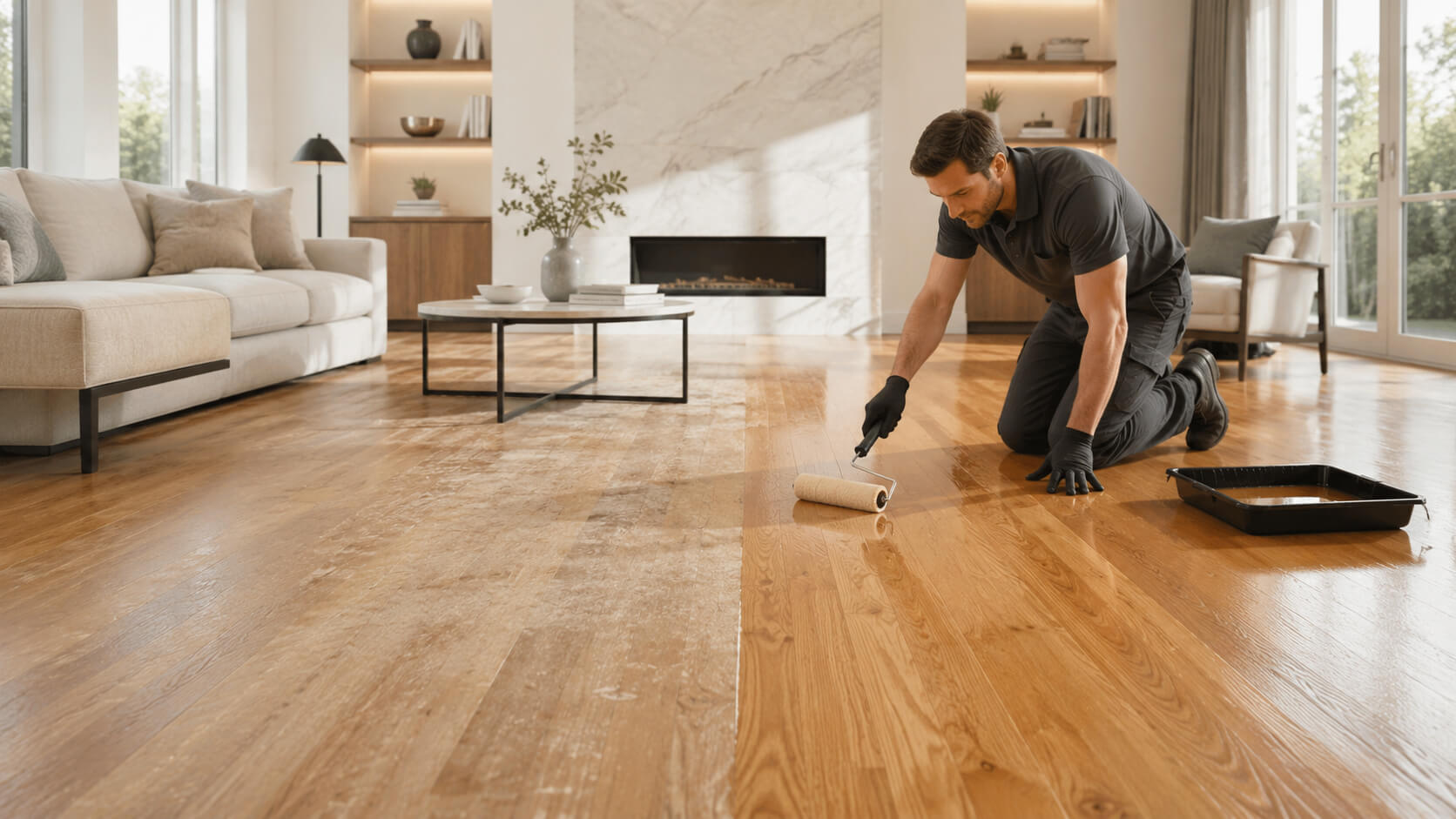 Hardwood flooring professional applying a fresh finish beside a worn section of wood floor