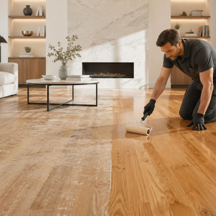 Hardwood flooring professional applying a fresh finish beside a worn section of wood floor