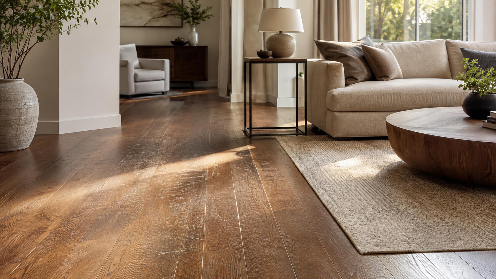 Hardwood flooring with visible surface wear and light scratches in a modern living room