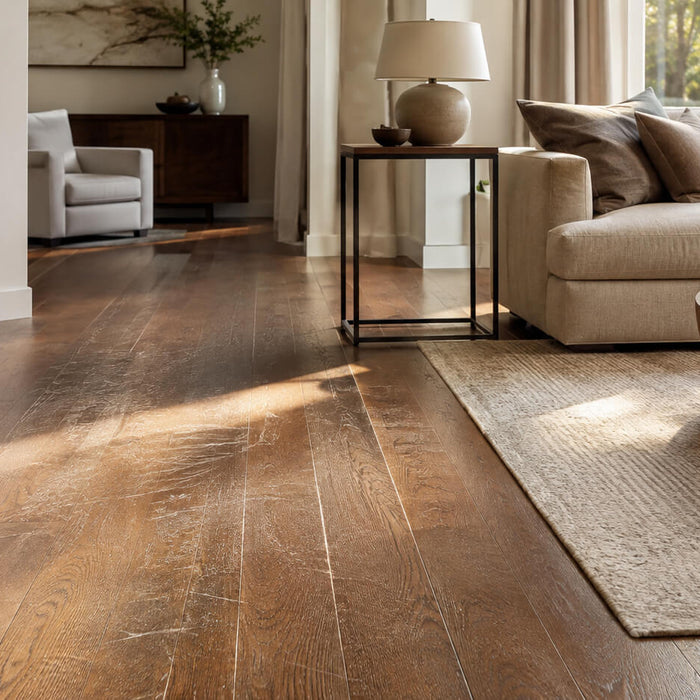 Hardwood flooring with visible surface wear and light scratches in a modern living room