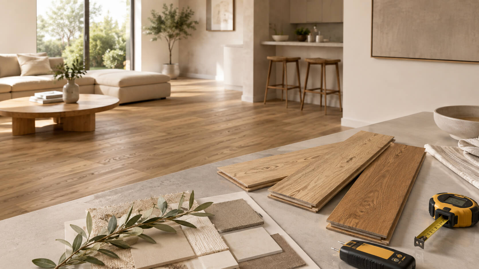 Hardwood flooring samples and measuring tools in a modern home interior for planning a flooring purchase