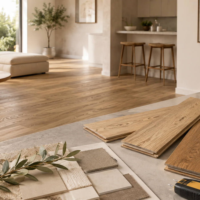 Hardwood flooring samples and measuring tools in a modern home interior for planning a flooring purchase