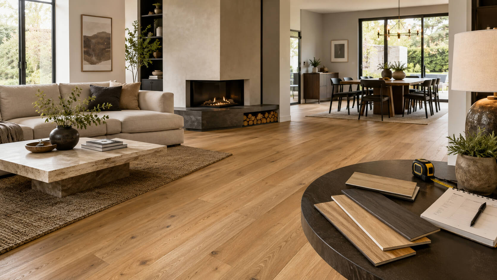 Modern home with natural hardwood flooring and wood samples for planning flooring costs