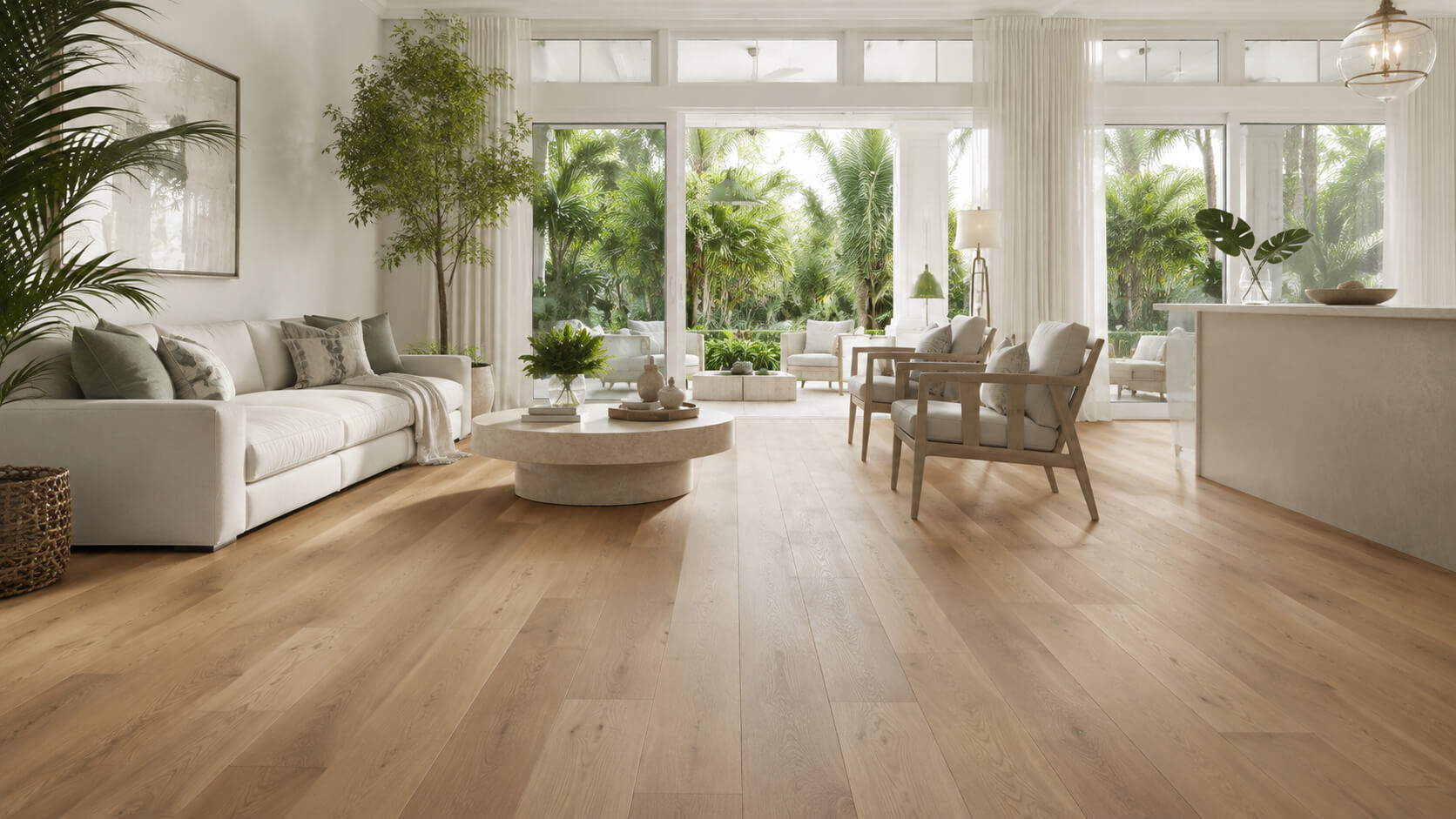 Bright modern living room with light hardwood flooring in a humid-climate home