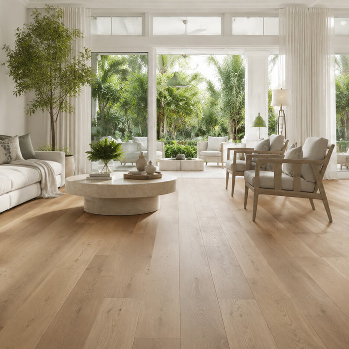 Bright modern living room with light hardwood flooring in a humid-climate home