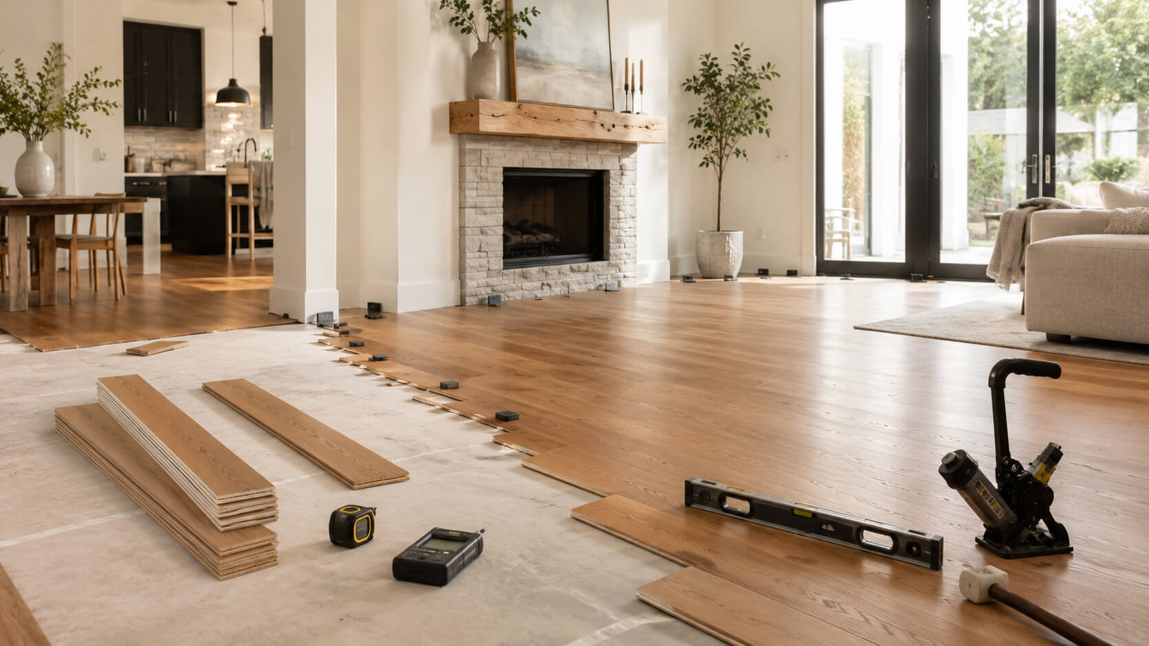 Hardwood flooring installation in progress showing planks, leveling tools, spacers, and equipment used to avoid common installation mistakes