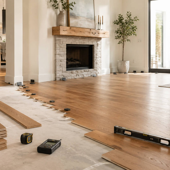 Hardwood flooring installation in progress showing planks, leveling tools, spacers, and equipment used to avoid common installation mistakes