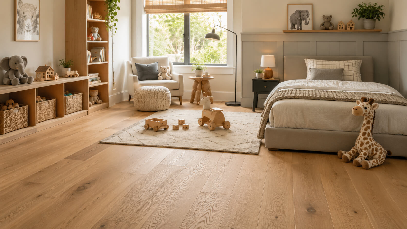 Bright kids room with natural hardwood flooring, soft play rug, wooden toys, and neutral bedroom furniture