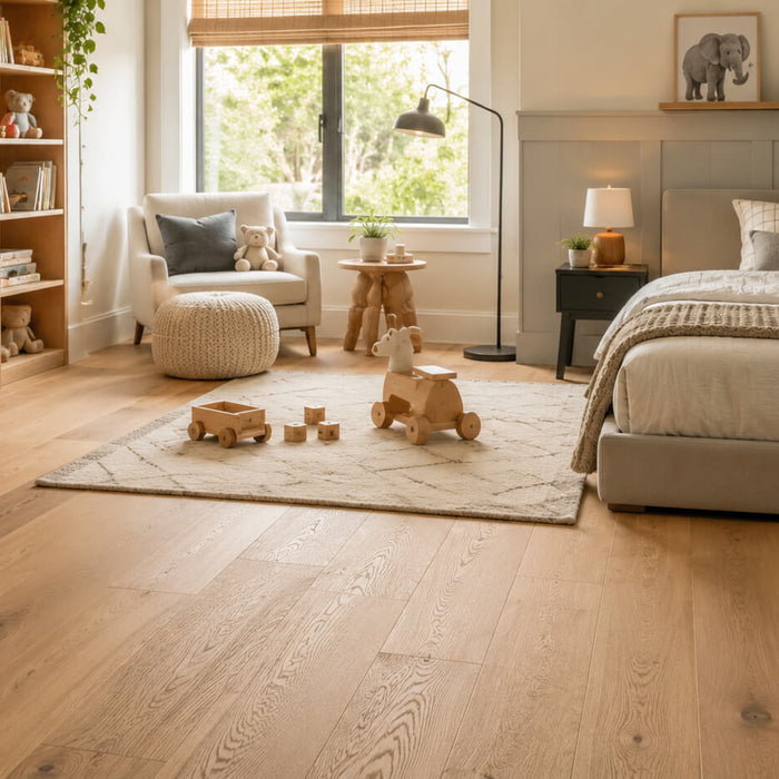 Bright kids room with natural hardwood flooring, soft play rug, wooden toys, and neutral bedroom furniture