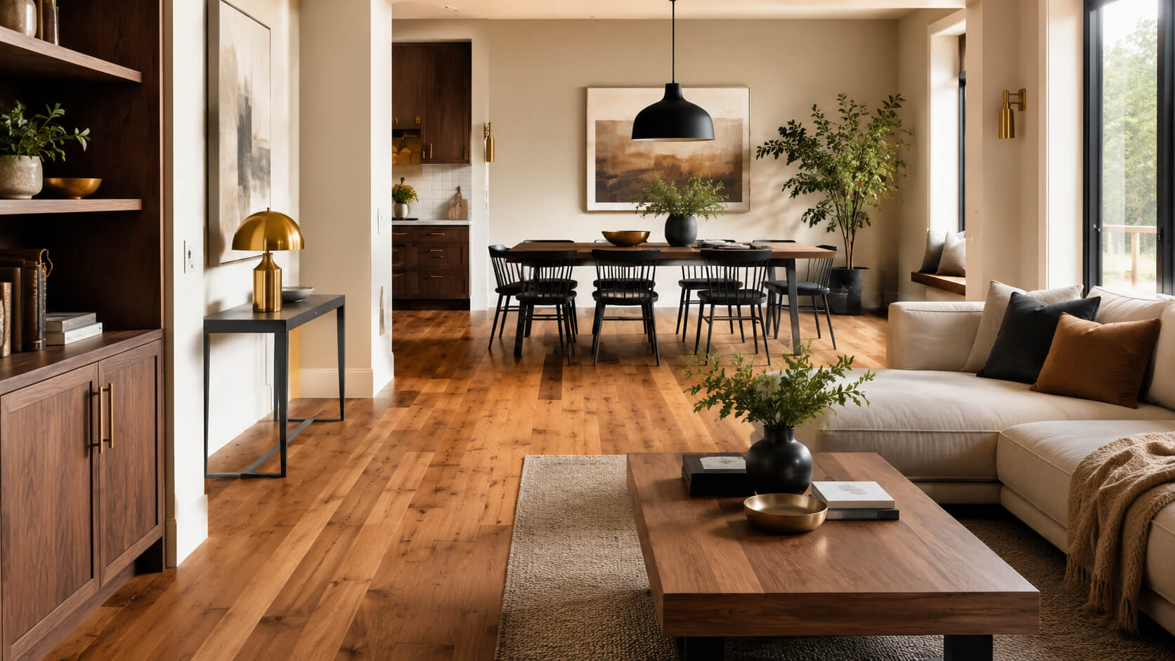 Warm hardwood flooring paired with matte black and brass metal accents in a modern open-plan interior