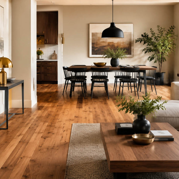 Warm hardwood flooring paired with matte black and brass metal accents in a modern open-plan interior
