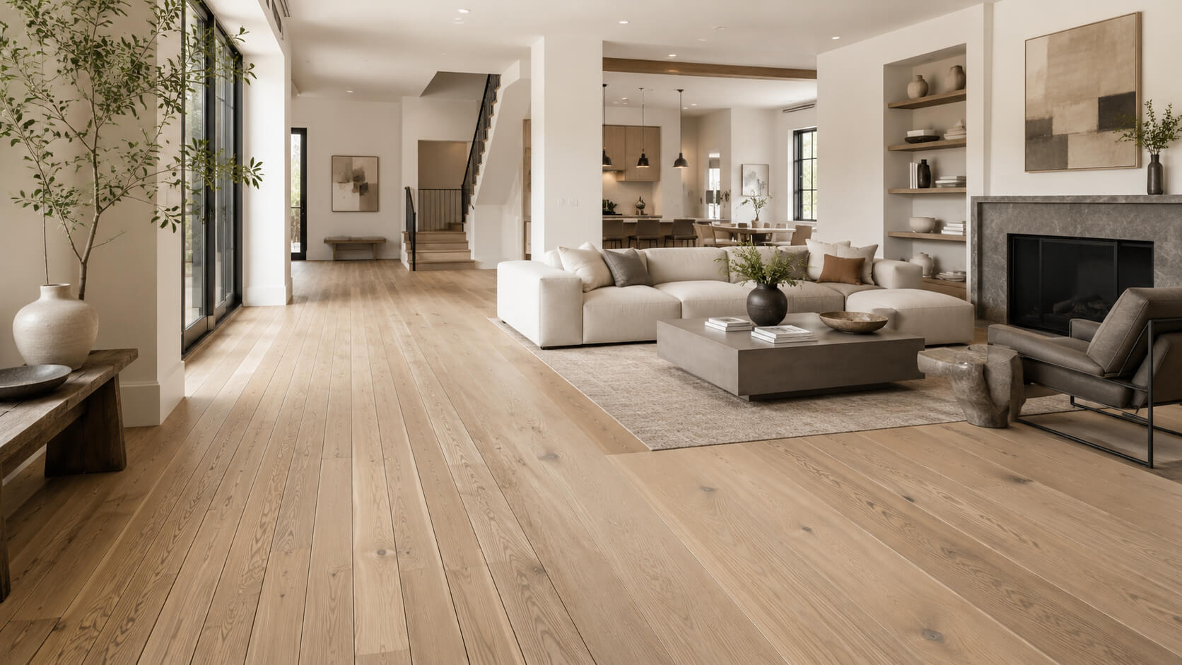 Modern open-concept home showing narrow and wide hardwood plank flooring in a light oak finish