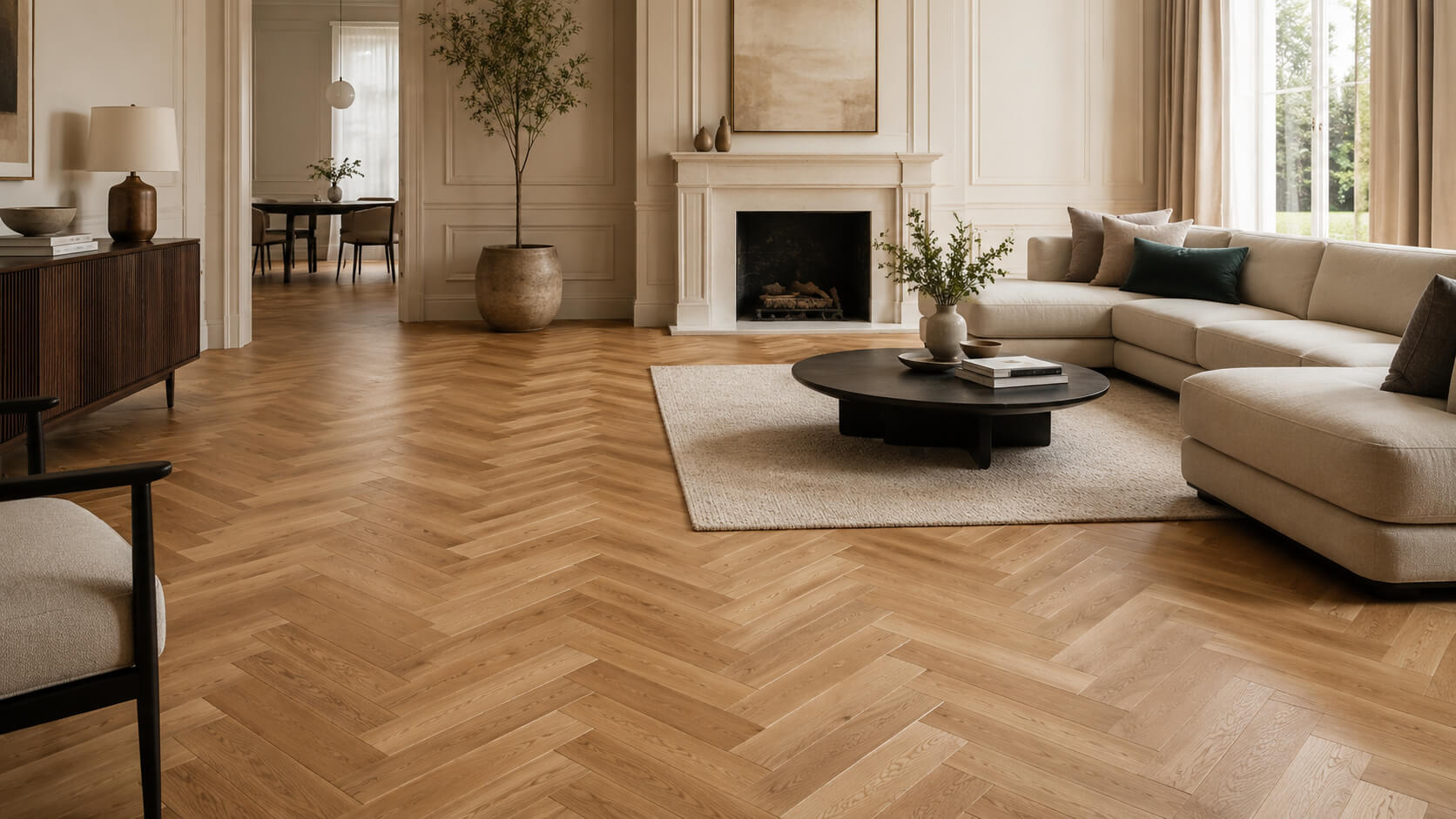 Bright elegant living room with warm oak herringbone hardwood flooring, a neutral sofa, fireplace, and soft natural light.