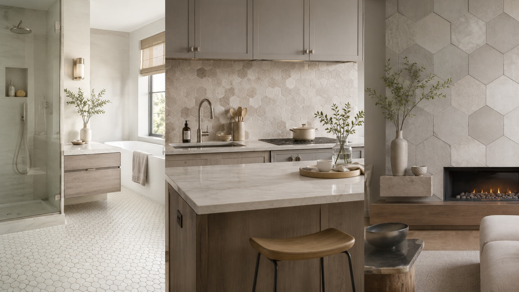 Neutral hexagon tile applications in a bathroom floor, kitchen backsplash, and living room accent wall.