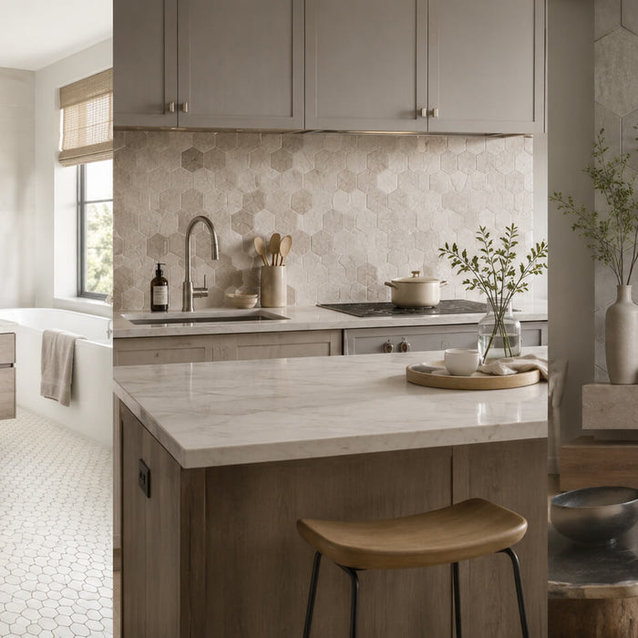 Neutral hexagon tile applications in a bathroom floor, kitchen backsplash, and living room accent wall.