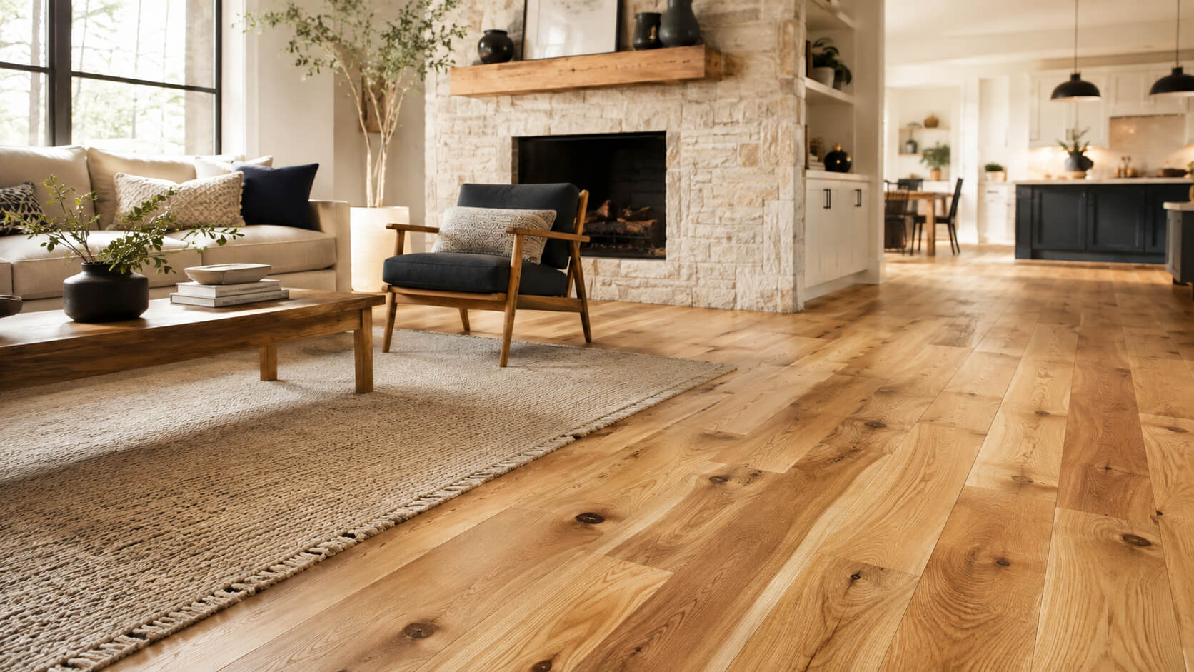 Hickory hardwood flooring in a bright modern living room with natural grain and warm color variation