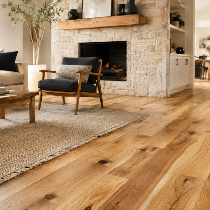 Hickory hardwood flooring in a bright modern living room with natural grain and warm color variation