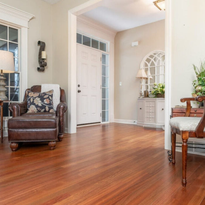 Shiny hardwood floor maintained with safe cleaning and scratch prevention