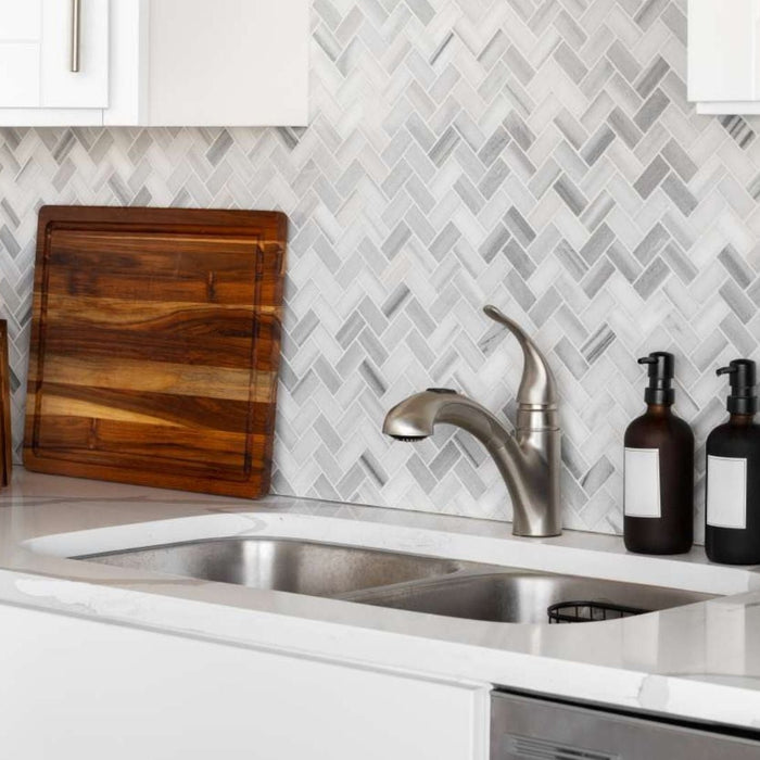 Kitchen backsplash mosaic tile pattern with easy-clean wall surface