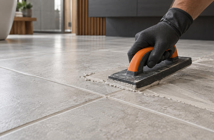 Gloved hand applying gray grout between stone-look porcelain floor tiles with a rubber grout float.