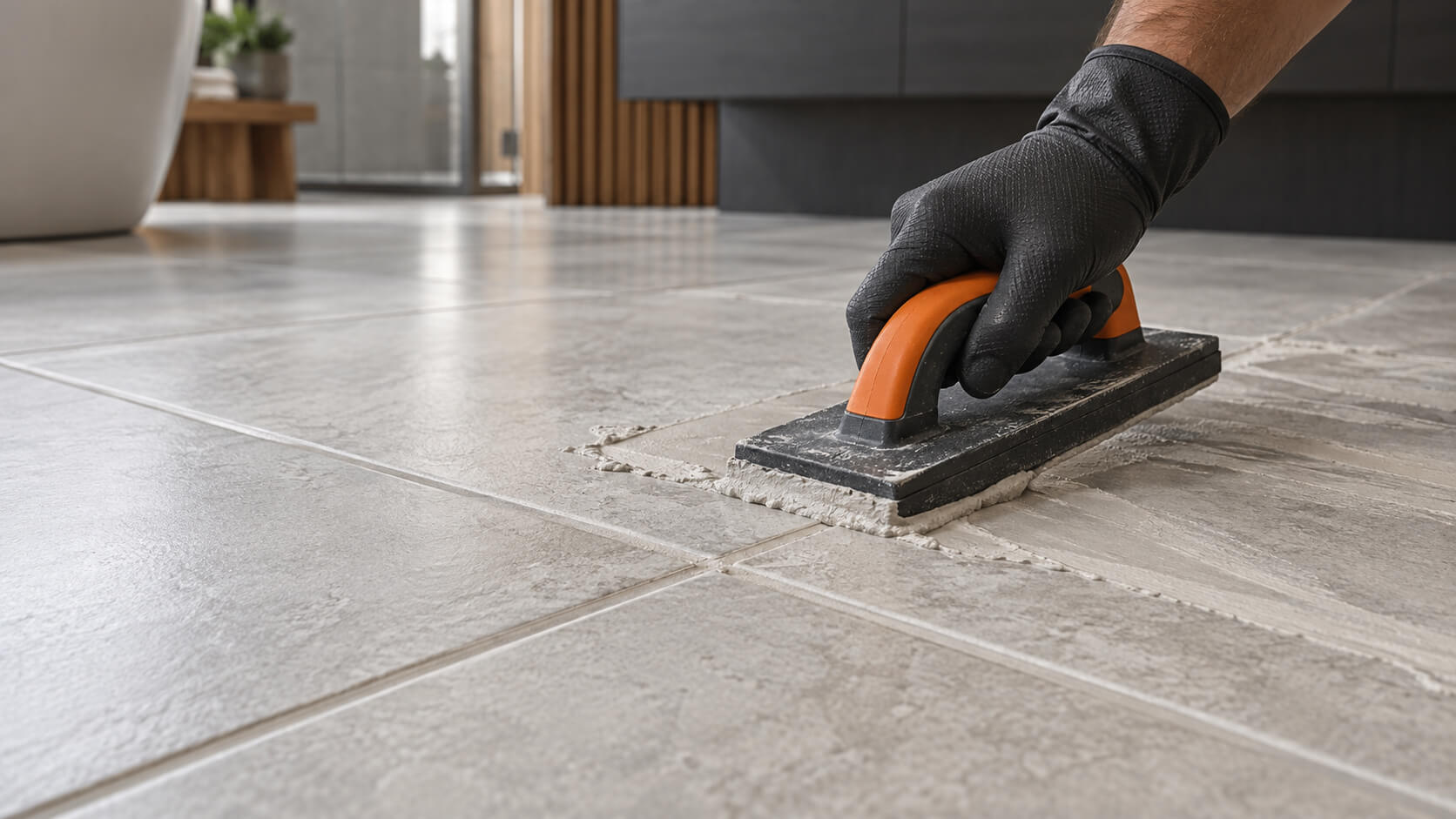 Gloved hand applying gray grout between stone-look porcelain floor tiles with a rubber grout float.