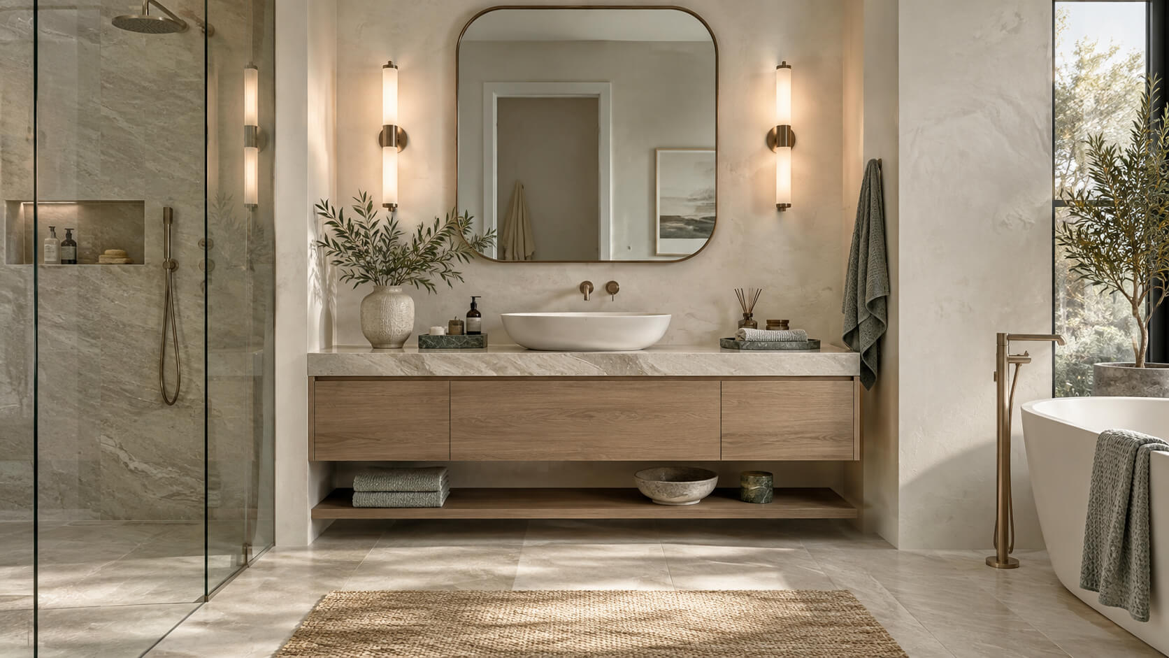 Modern bathroom vanity with wood cabinetry, stone countertop, vessel sink, and coordinated bathroom tiles
