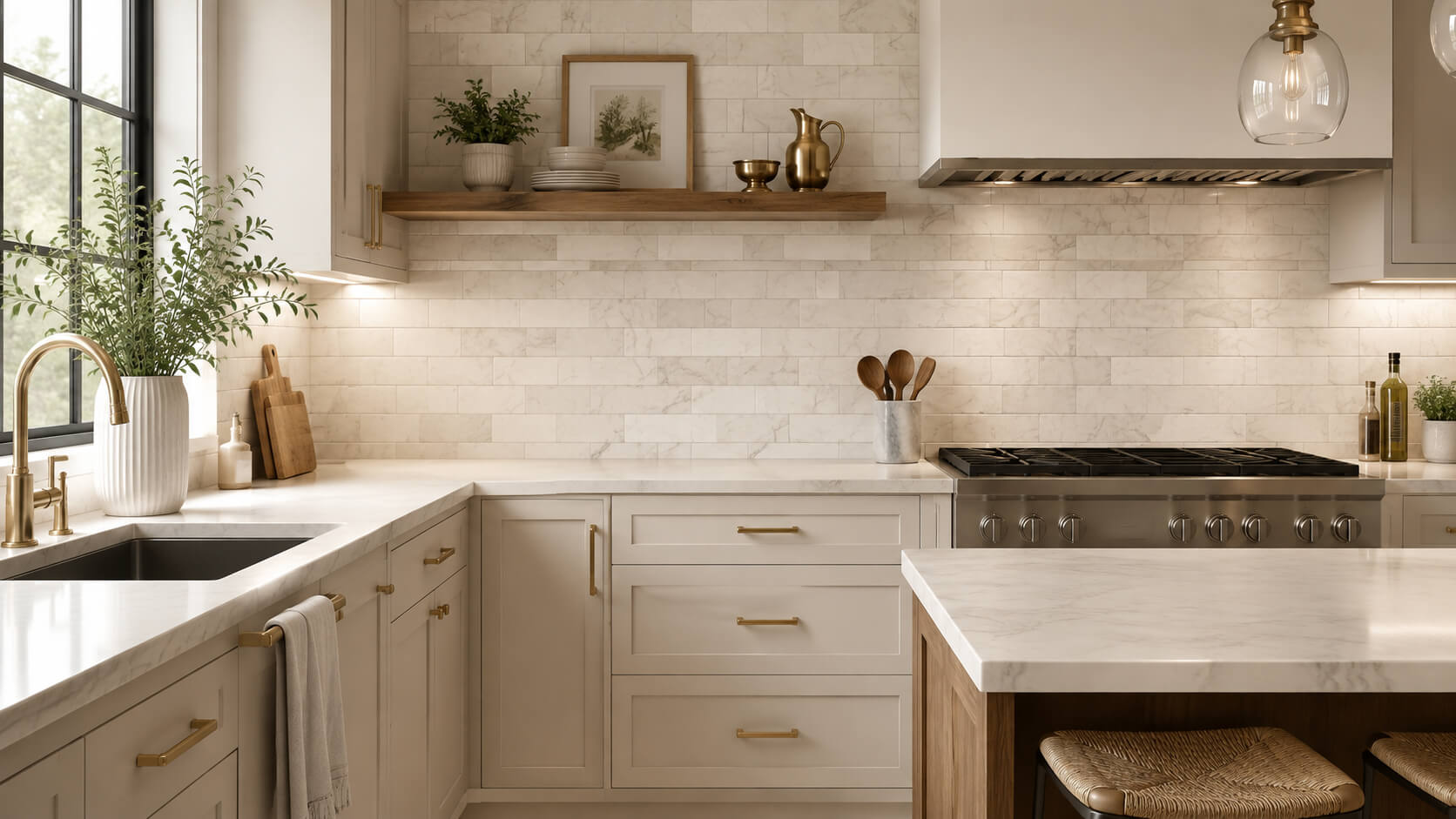 Bright modern kitchen with a light stone backsplash, white countertops, beige cabinets, brass fixtures, and a clean timeless design.