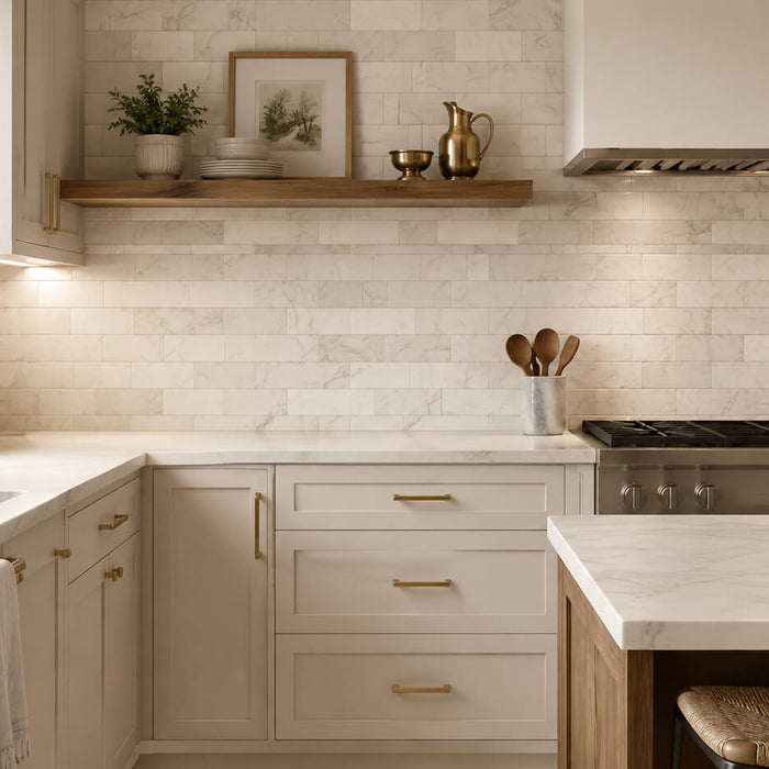 Bright modern kitchen with a light stone backsplash, white countertops, beige cabinets, brass fixtures, and a clean timeless design.