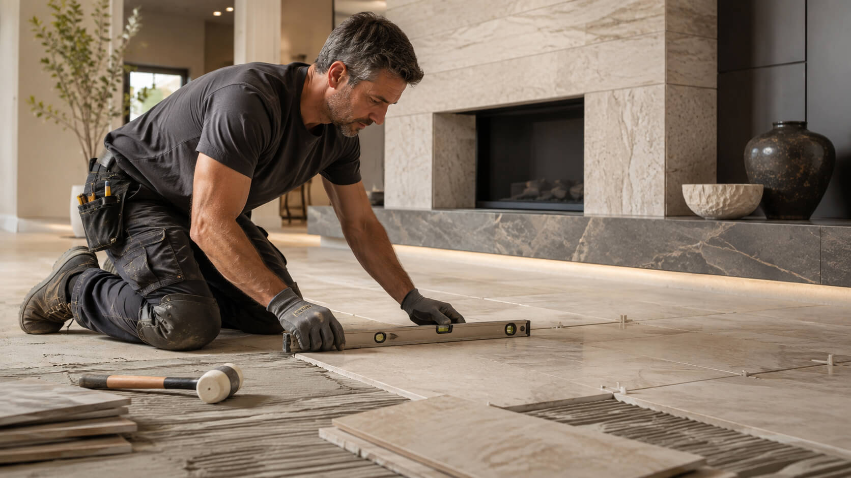 Professional natural stone installer carefully leveling large stone floor tiles in a high-end interior.