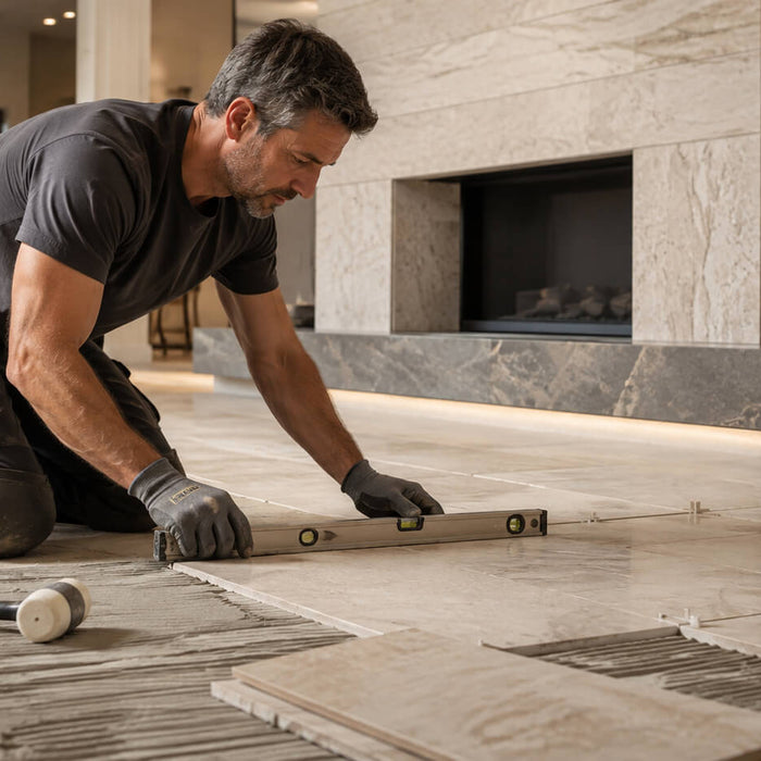 Professional natural stone installer carefully leveling large stone floor tiles in a high-end interior.