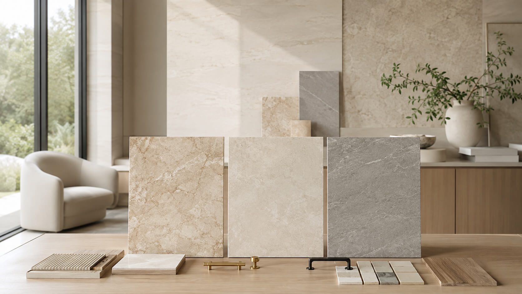 Beige, cream, and gray natural stone samples displayed in a modern interior design studio