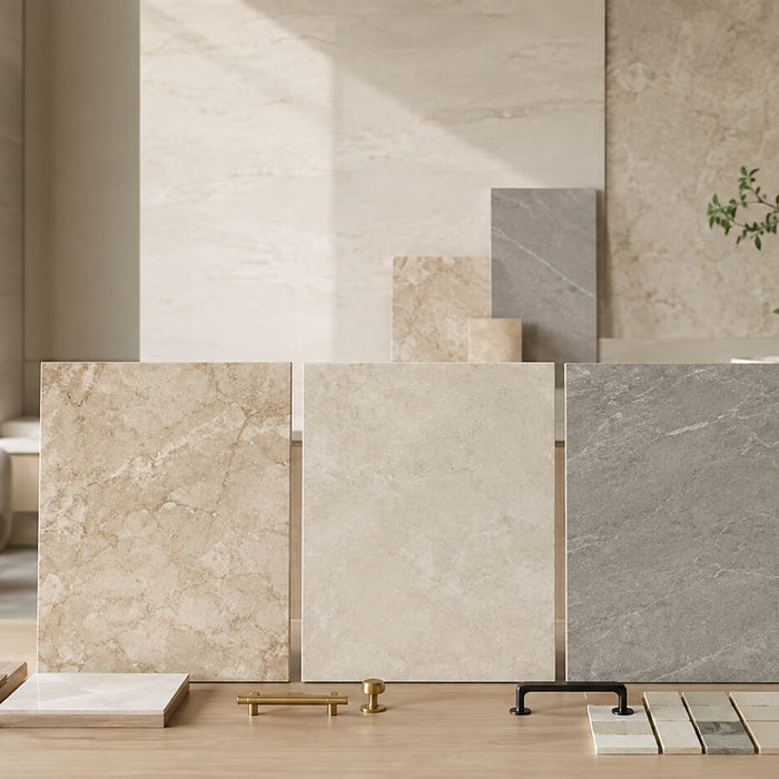 Beige, cream, and gray natural stone samples displayed in a modern interior design studio