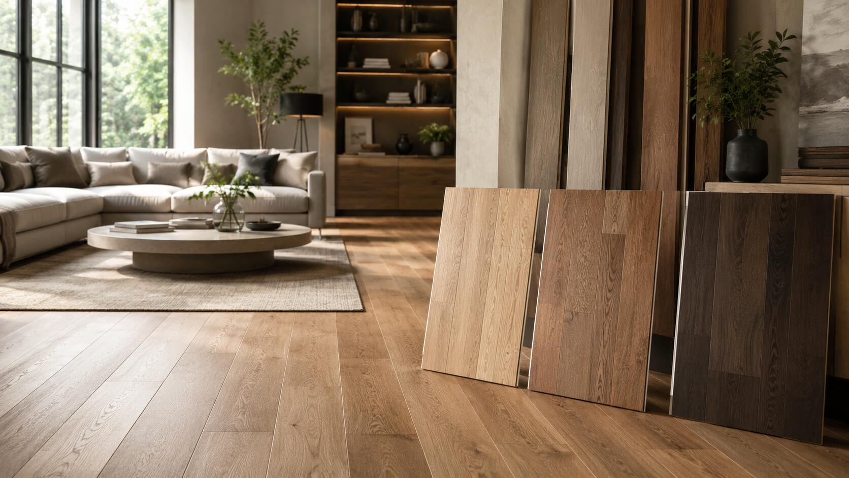 Modern living room with hardwood flooring and multiple wood floor samples showing different color options for choosing hardwood floors.