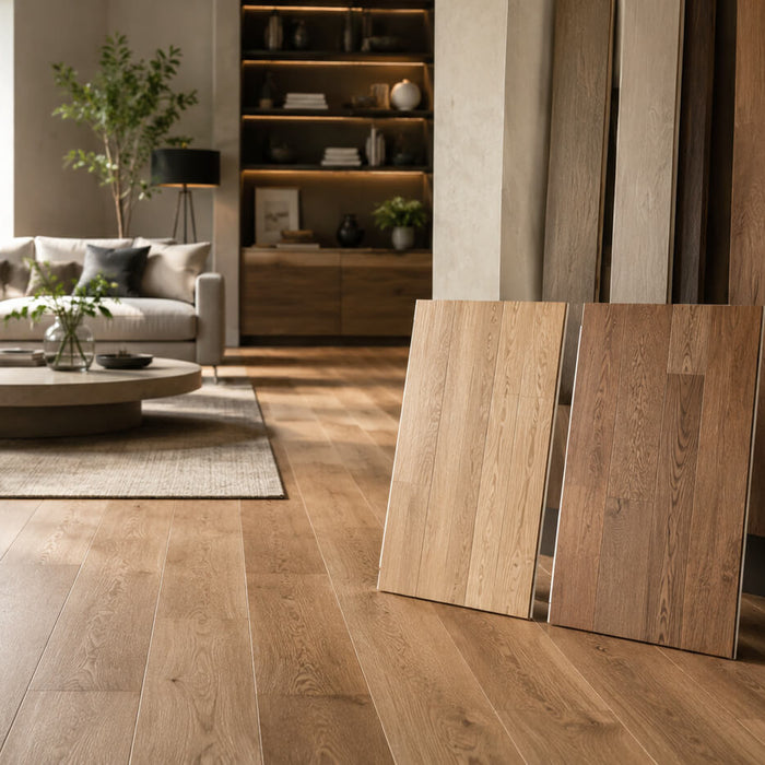 Modern living room with hardwood flooring and multiple wood floor samples showing different color options for choosing hardwood floors.