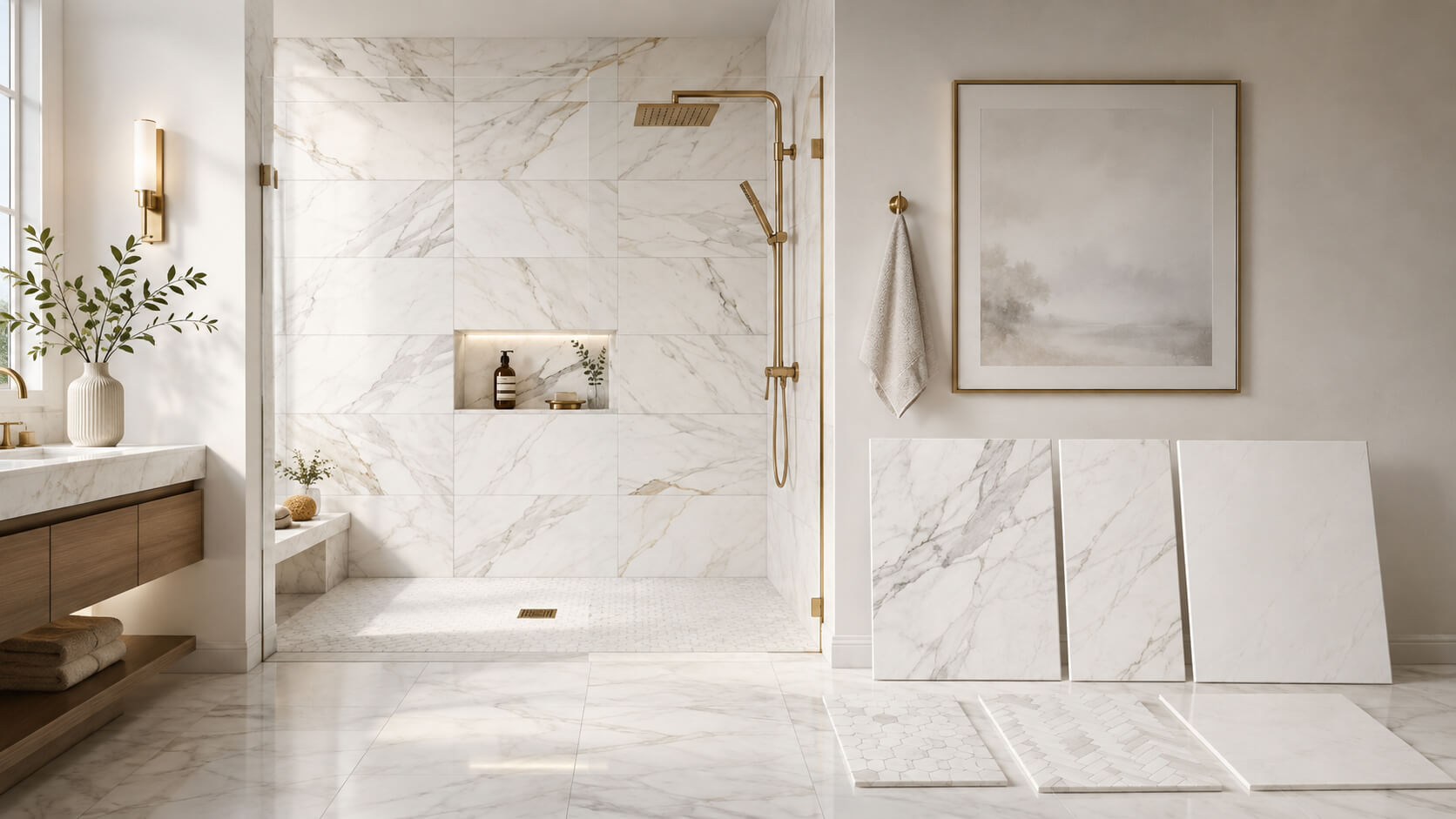 Luxury marble bathroom featuring different veining patterns, finishes, tile sizes, and mosaic options.