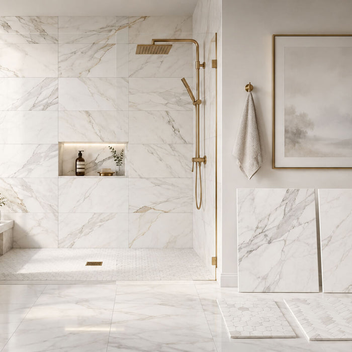 Luxury marble bathroom featuring different veining patterns, finishes, tile sizes, and mosaic options.