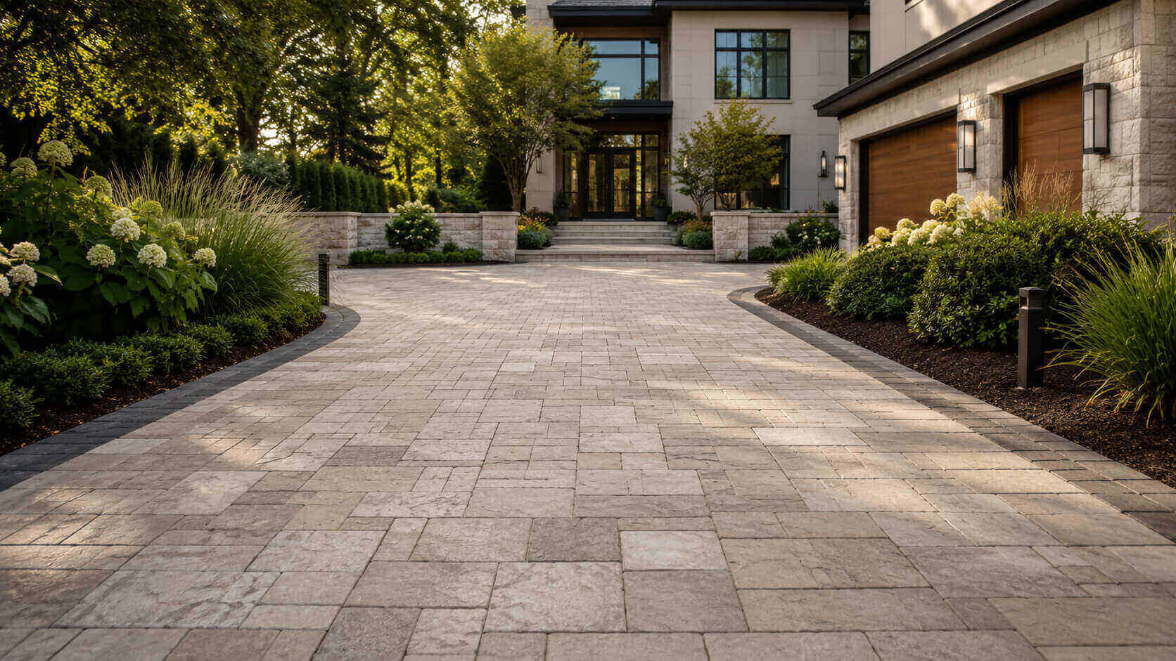 Curved residential driveway made with natural stone pavers in front of a modern home