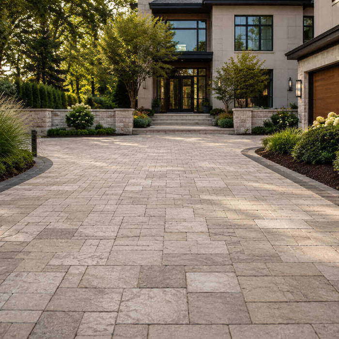 Curved residential driveway made with natural stone pavers in front of a modern home