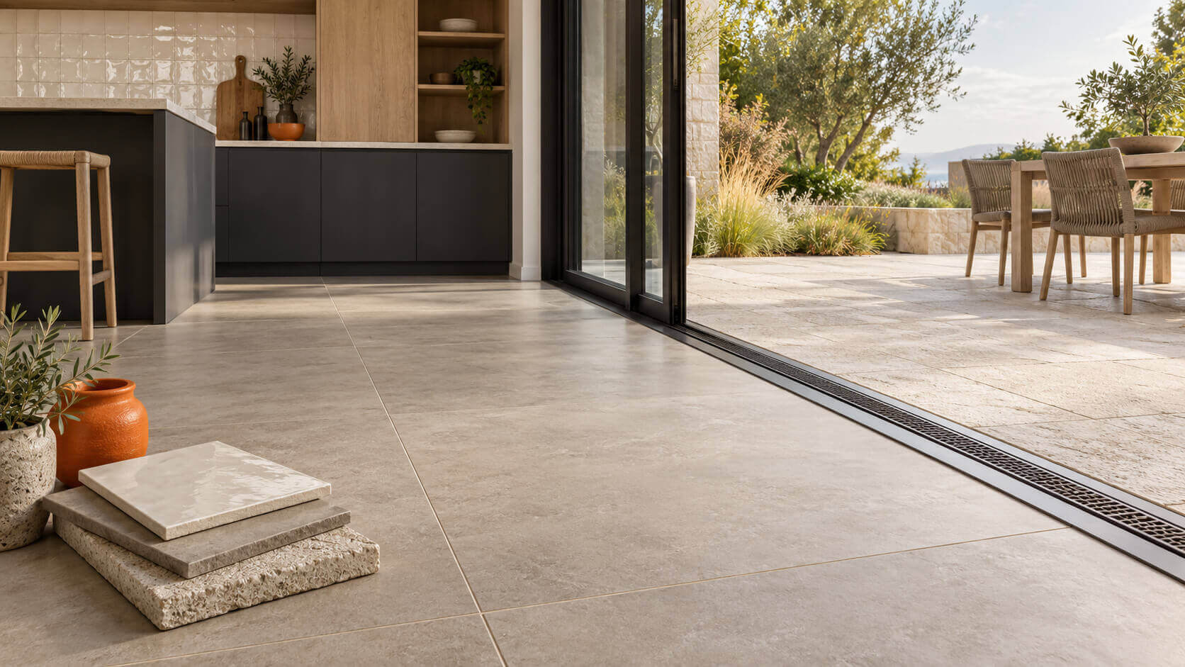 Modern kitchen opening onto a tiled patio, with contrasting indoor and outdoor finishes and tile samples in the foreground.
