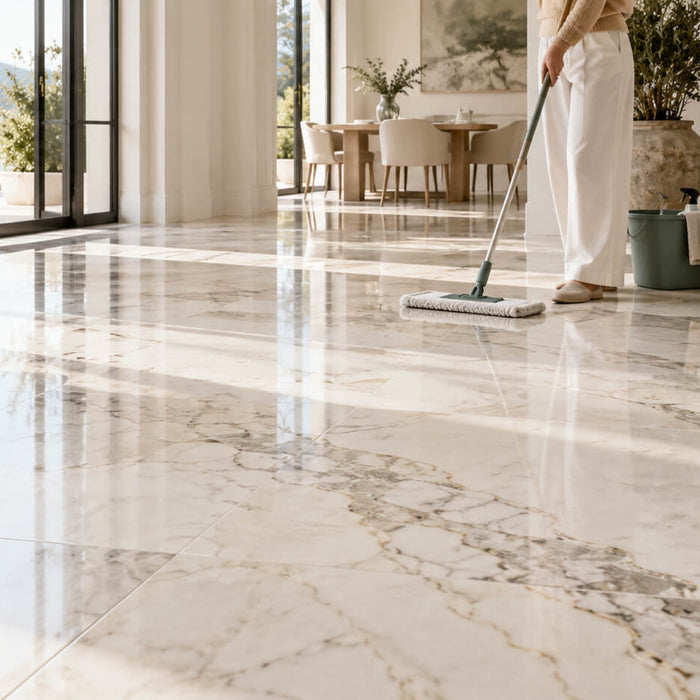 Cleaning polished marble floor tiles with a microfiber mop in a bright luxury interior