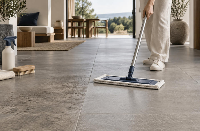 Person cleaning unpolished porcelain floor tiles with a microfiber mop in a modern interior
