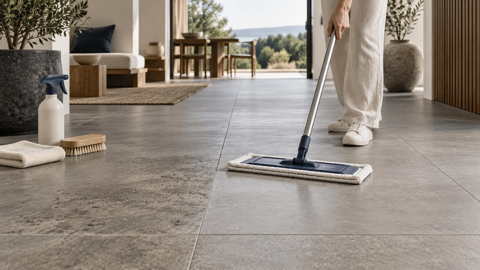 Person cleaning unpolished porcelain floor tiles with a microfiber mop in a modern interior