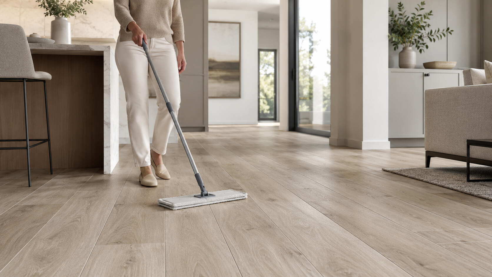 Person cleaning light wood-look tile floors with a microfiber mop in a bright modern home interior.