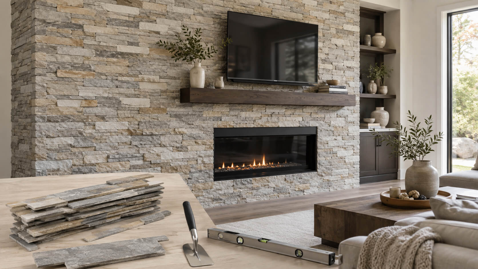 Ledger stone installed on a modern interior fireplace wall with natural stacked stone panels