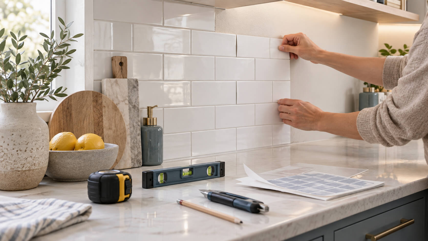 Installing white peel and stick subway tiles on a modern kitchen backsplash