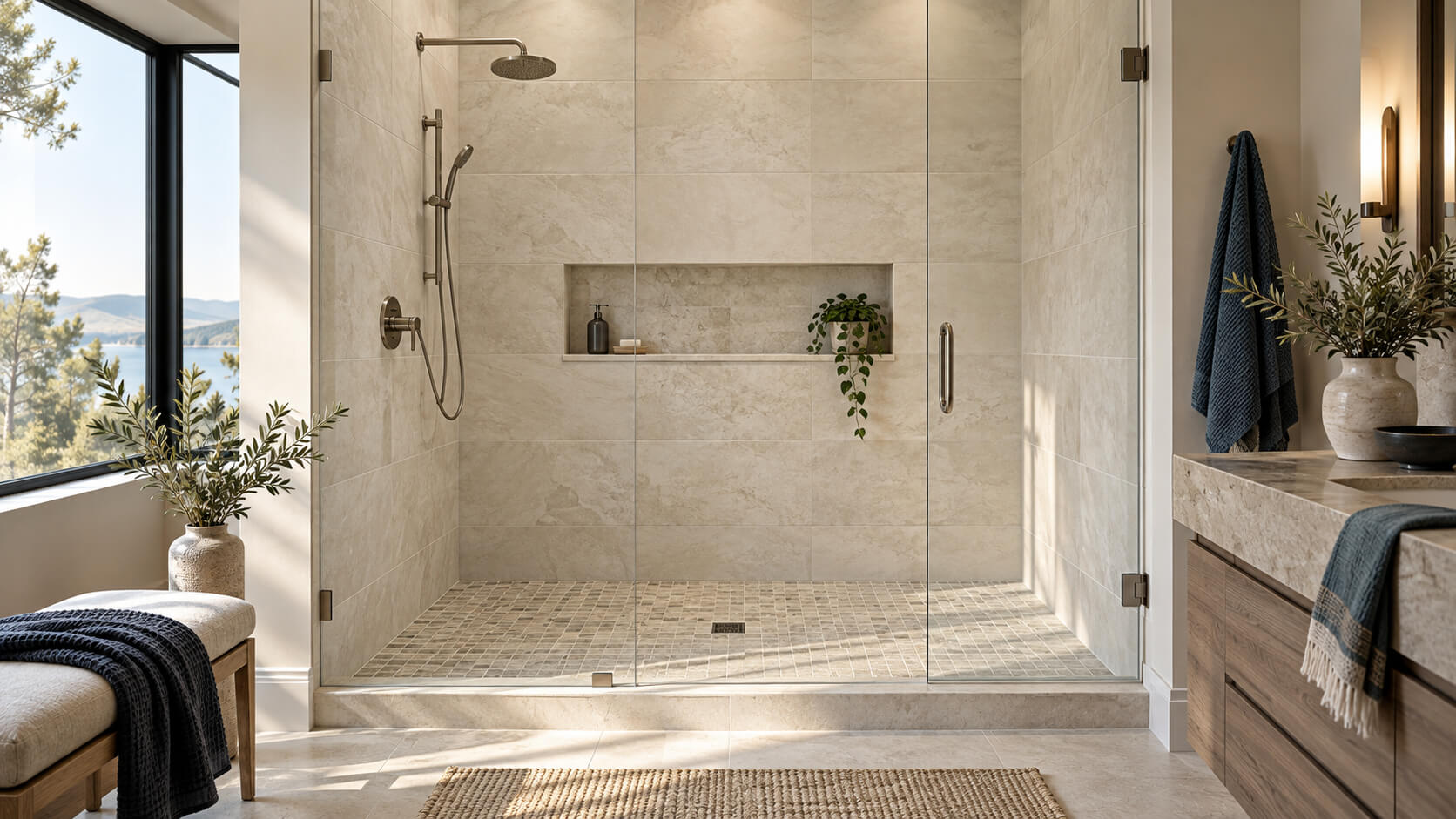 Modern tiled shower with large-format wall tiles and a mosaic tile floor