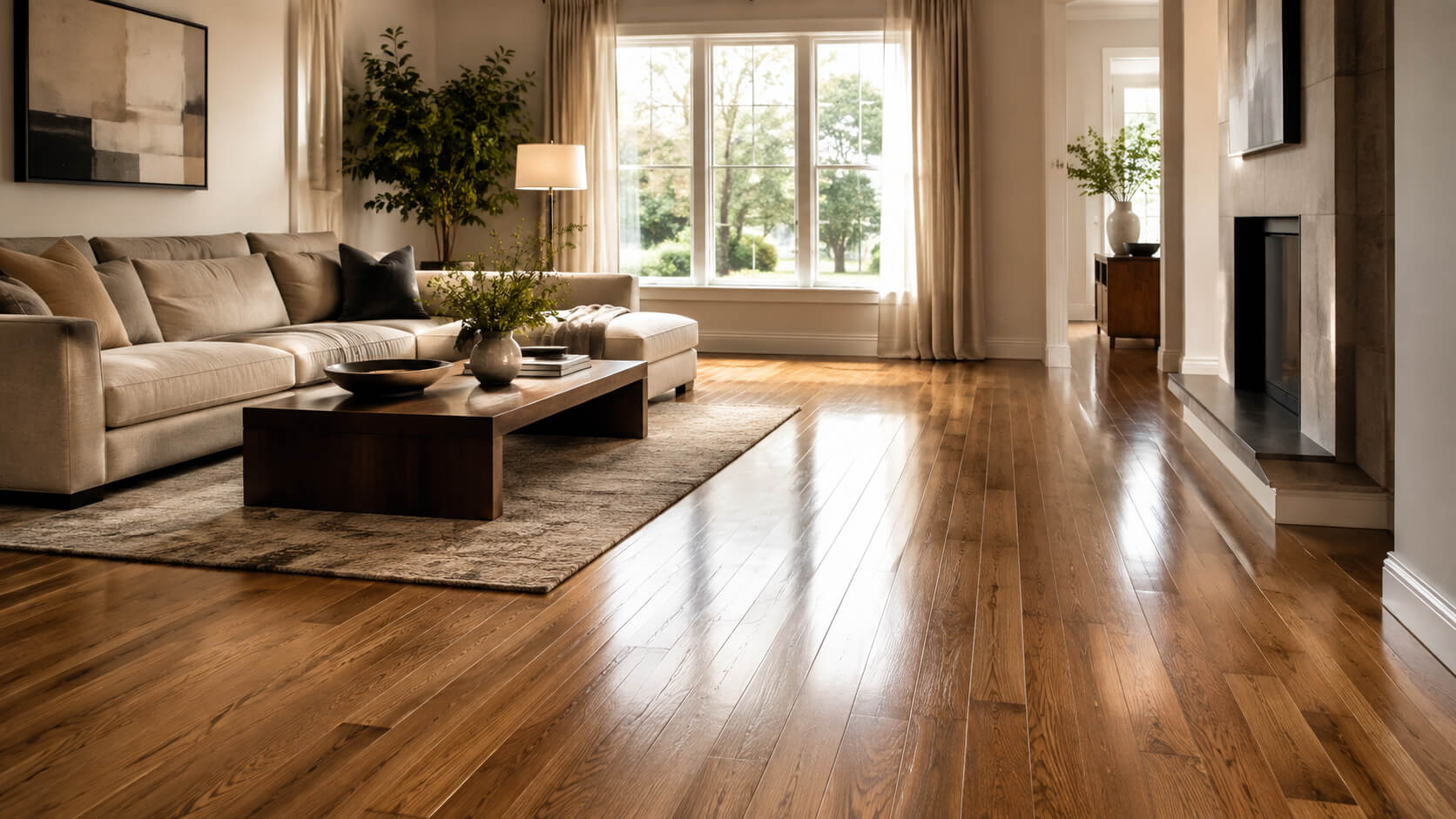 Bright living room with clean and shiny hardwood floors reflecting natural light