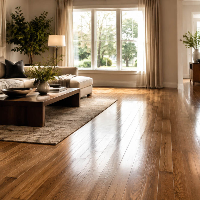 Bright living room with clean and shiny hardwood floors reflecting natural light