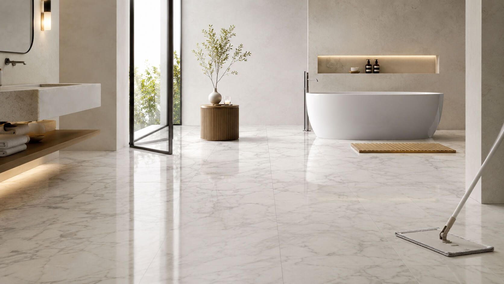Clean polished marble floor in a modern bathroom with a microfiber mop for gentle floor maintenance